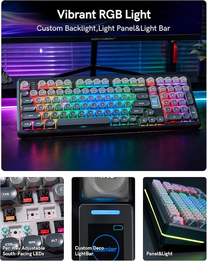 Keymatic Foundation Mechanical Keyboard,98% Pink Creamy Keyboard Gaming Keyboard,3 Mode with Multimedia Screen,RGB Backlit,Jelly MOA Profile keycaps for Win/Mac,Grey - Image 4