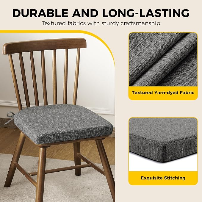 downluxe Indoor Chair Cushions for Dining Chairs, Soft and Comfortable Textured Foam Kitchen Chair Pads with Ties and Non-Slip Backing, 16" x 16" x 2", Dark Grey, 6 Pack - Image 6