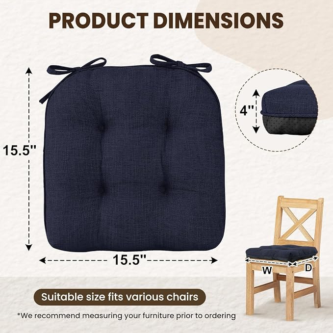 downluxe Indoor Chair Cushions for Dining Chairs, Tufted Overstuffed Textured Foam Kitchen Chair Pads with Ties and Non-Slip Backing, 15.5" x 15.5" x 4", Navy, 4 Pack - Image 2