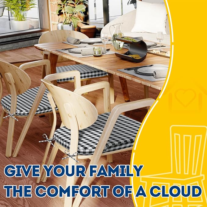 AAAAAcessories D-Shaped Chair Cushions, 2" Thick Dining Chair Pads with Ties and Removable, Machine-Washable Cover, 17" x 16", Set of 2, Checkered Black/White - Image 6