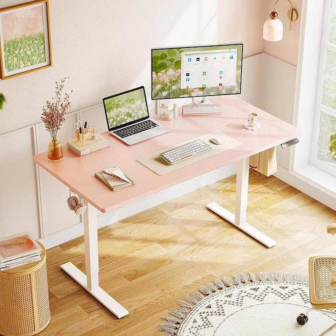 48" Pink Electric Standing Desk Height Adjustable for Home Office | 3 Memory Presets, Rear Cable Notch, Dual Side Hooks, Stand Up Desk for Bedroom, Study room, Home Office and Vanity Space - Image 2