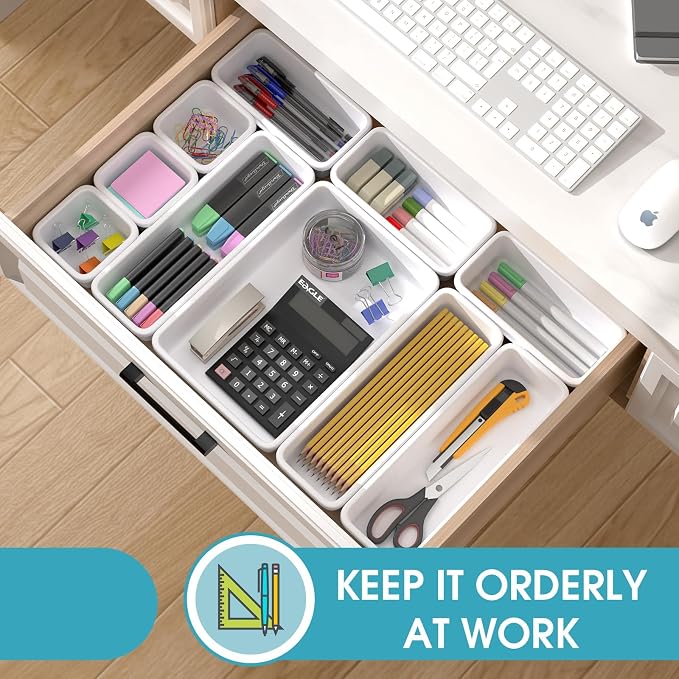 33 PCS Drawer Organizer Set, 4 Size Makeup Drawer Divider Organizer With Non-Slip Pads, Interlocking Plastic Storage Bins for Office,Jewelry Vanity,Gadgets, Bathroom,Kitchen, White - Image 4