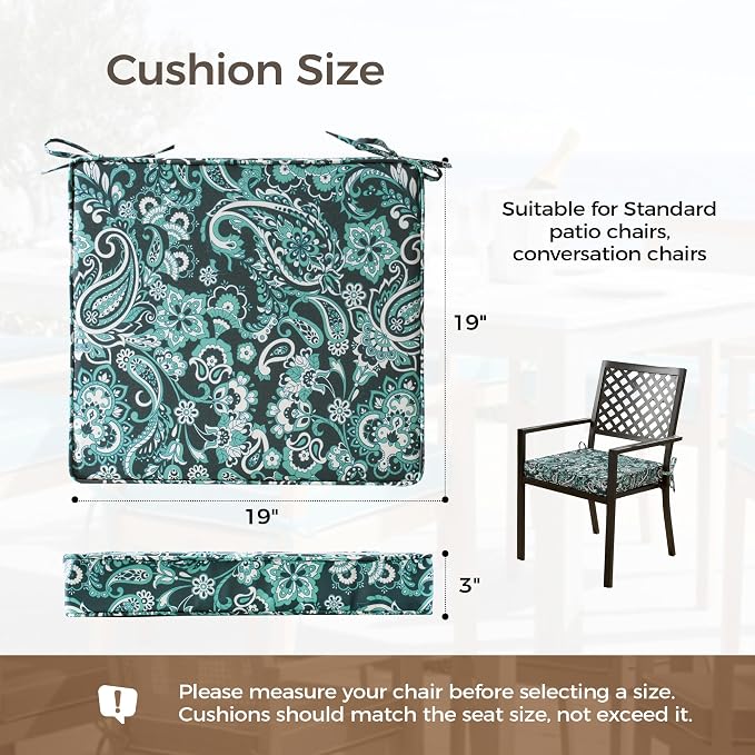 UNIKOME Outdoor Chair Cushions Set of 4, Water Resistant Patio Seat Cushions with Ties for Outdoor Furniture, High-Density Foam, UV & Fade Resistant, Piped Edge – 19" x 19" x 3", Boho Teal Paisley - Image 2