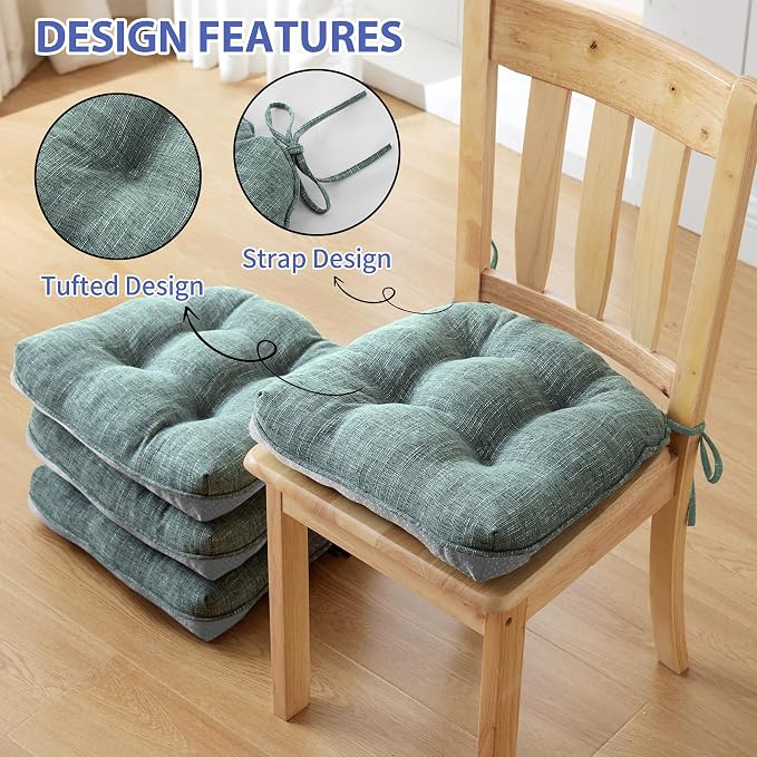 IPYNBAP Chair Cushions for Dining Chairs Set of 4, Kitchen Chair Cushions, Chair Pads with Ties Non Slip Backing, Christmas Room Decor, Tufted Memory Foam Seat Cushion 4 Pack, 15.5x15.5x4, Sage Green - Image 2