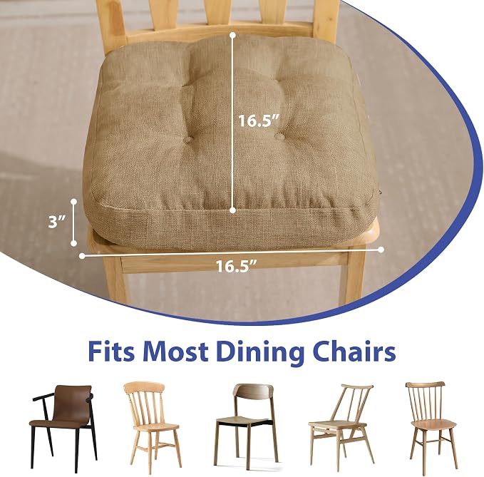 IASEAHK Chair Cushions for Dining Chairs, Dining Chair Cushions, Tufted Indoor Chair Pads with Ties & Non Slip Backing, Seat Cushions for Kitchen Chairs 16.5” x 16.5” x 3.5”, Set of 4, Khaki - Image 3