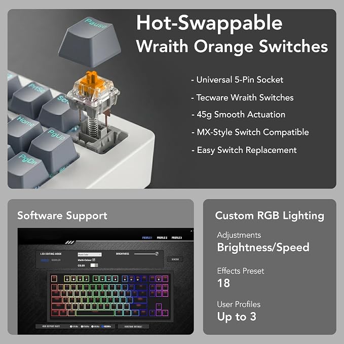 TECWARE Phantom+ Elite TKL 87 Key RGB Mechanical Gaming Keyboard | Wireless Bluetooth 5.0 2.4GHz USB C Wired | Hot Swappable 5 Pin | Double Shot PBT Keycaps | Creamy Wraith Orange Linear Switch, White - Image 5