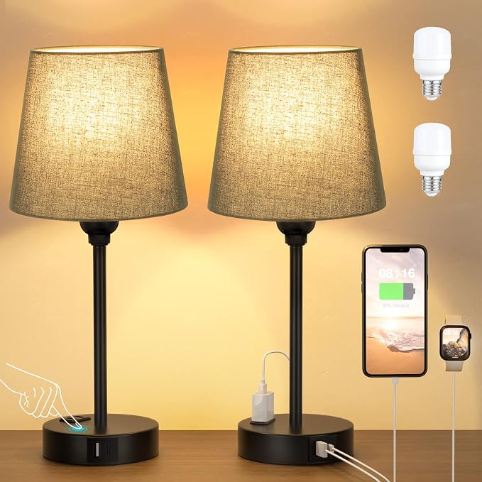 Black Bedside Lamps Set 2 for Bedroom - Dimmable Touch, USB C+A, AC Outlet | 14.5" Mini Lamp, 3-Way Dimmable, LED Bulbs Included, Black Barrel Fabric Lampshade, Nightstand Light for Guest Room, Kids - Image 2