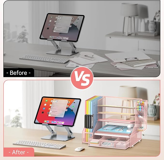 5-Tier Desk Organizer with File Holder & Pen Holder & Sliding Drawer, Pink | Mesh Metal Paper Letter Tray for Papers, Mail, Office Supplies, and Desk Accessories - Image 6