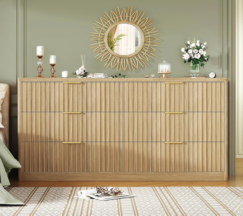 56.3'' Dresser for Bedroom with 6 Drawers, Dressers & Chest of Drawers with Curved Profile Design, 6 Drawer Dresser, Fluted Dressers, Wood Dressers for Bedroom, Living Room, Natural - Image 4