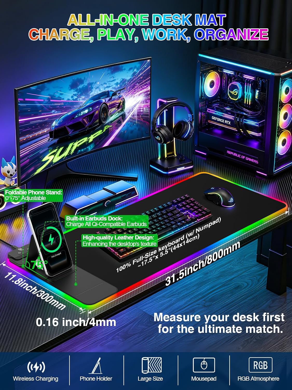 RGB Mouse Pad with Foldable Phone Stand & Wireless Charger, 31.5"x11.8" XL Gaming Mousepad Large Desk Mat, Desk Pad with Dual Charging for Phone & AirPods | 11 Colors & 5 Modes | Waterproof - Image 2