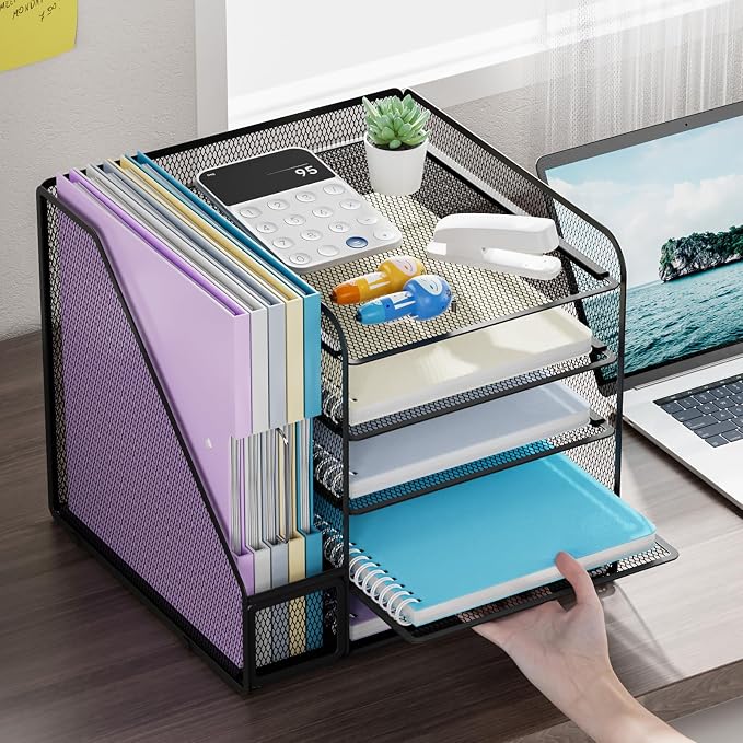 Marbrasse Desk Organizers and Accessories, 5-Tier Paper Letter Tray Organizer with File Holder, Mesh File Organizer, Office Desk Accessories & Organization for Supplies (Black) - Image 3