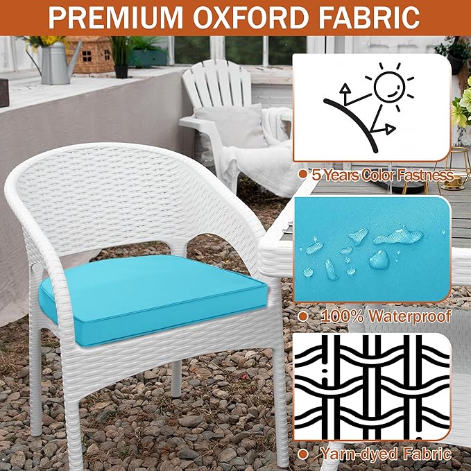 Outdoor Chair Cushions Set of 4, 17 x 16 Inch Waterproof Seat Pads | 3 Year Color Fastness Thick Patio Chair Cushion with Ties for Garden Lawn Sofa Couch, Teal - Image 3