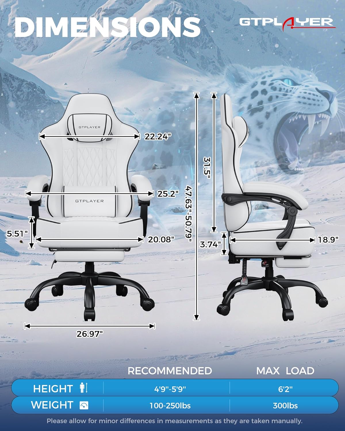 GTPLAYER Big and Tall Gaming Chair with Footrest, Ergonomic Office Desk Chair with 4.4in Thick Cushion and Wide Wingless Seat, Comfortable Leather Computer Chair, Predator Series, White - Image 2