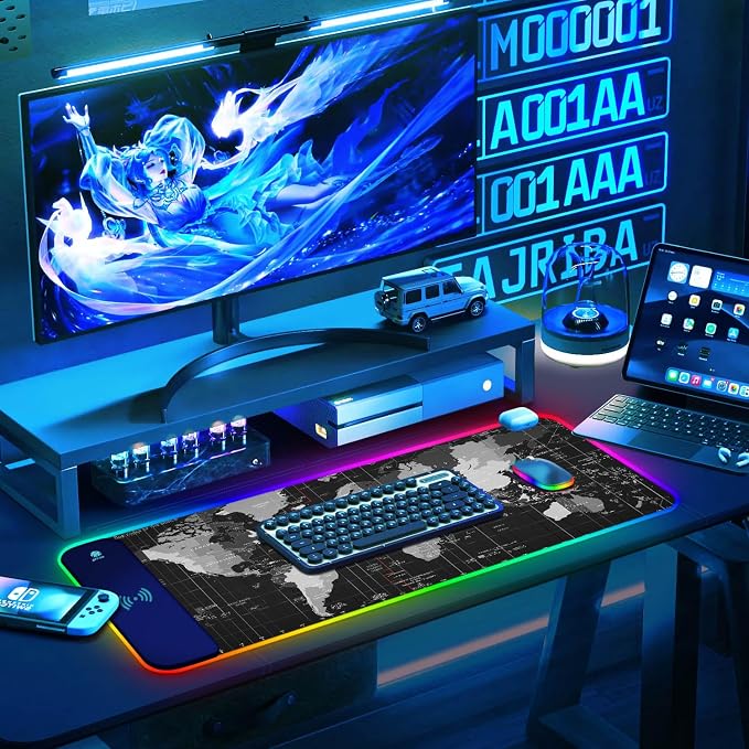 ToLuLu RGB Gaming Wireless Charging Mouse Pad, 5/7.5/10/15W LED Mouse Pad | 10 Light Modes Computer Keyboard Mat Mousepad, 800x300x4MM Extended Large Desk Mat for Gaming, MacBook, Laptop, PC, World Map - Image 7