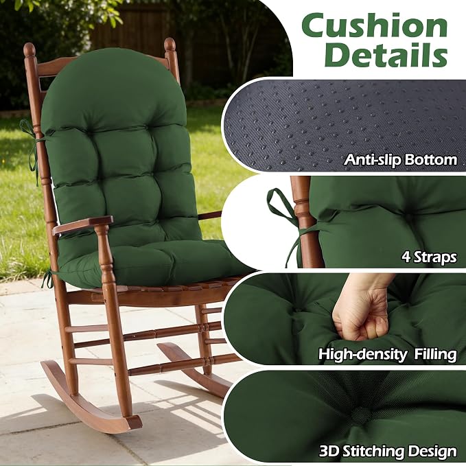 Rocking Chair Cushions, Indoor/Outdoor Adirondack Chair Cushion, Waterproof and Fade-Resistant Rocking Chairs Pads, Non-Slip Tufted High Back Patio Chairs Cushion with Ties, 44x19x4 Inch, Forest Green - Image 5