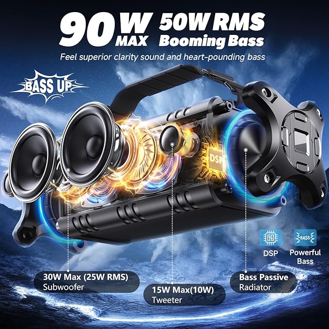 W-KING Bluetooth Speaker, 90W Max Loud IPX6 Waterproof Portable Speaker, 50W Deep Bass/Subwoofer *2/40H/EQ/TF/AUX, 105dB Large Boombox Outdoor Speakers Bluetooth Wireless for Party/Camping/Jobsite - Image 2
