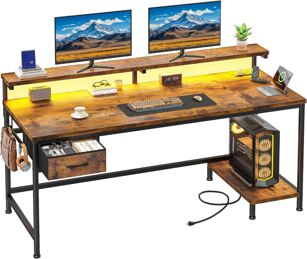 47.2" Office Desk with Power Outlet & Monitor Stand,Rustic Brown by DurayLoly