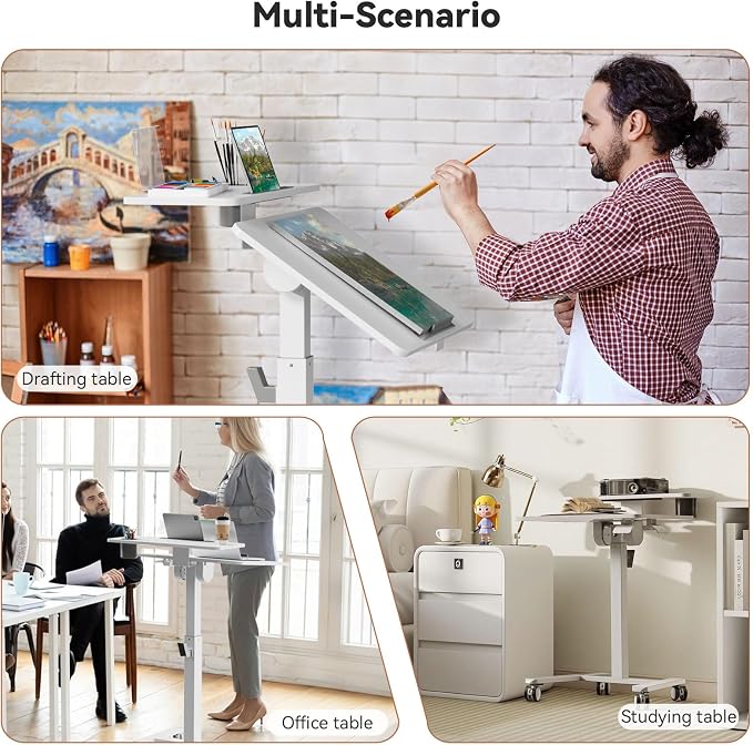 24" Mobile Standing Desk, Tiltable Top with 2-Tier Shelves, White | Pneumatic Rolling Desk, Adjustable Height Small Computer Workstation, Portable Drafting Table with Locking and Hidden Wheels - Image 9