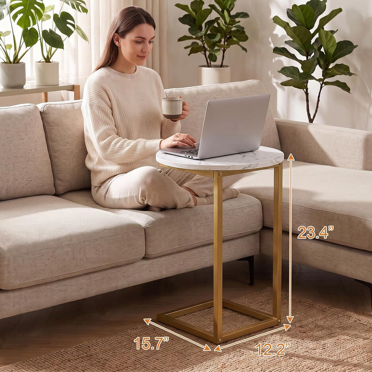C Shaped End Table, Oval Couch Side Tables for Living Room, Sofa End Table with Metal Frame, Small Wooden Snack Table for Bedroom, Small Spaces, Easy Assembly 2Pcs(Whlite+Gold) - Image 3