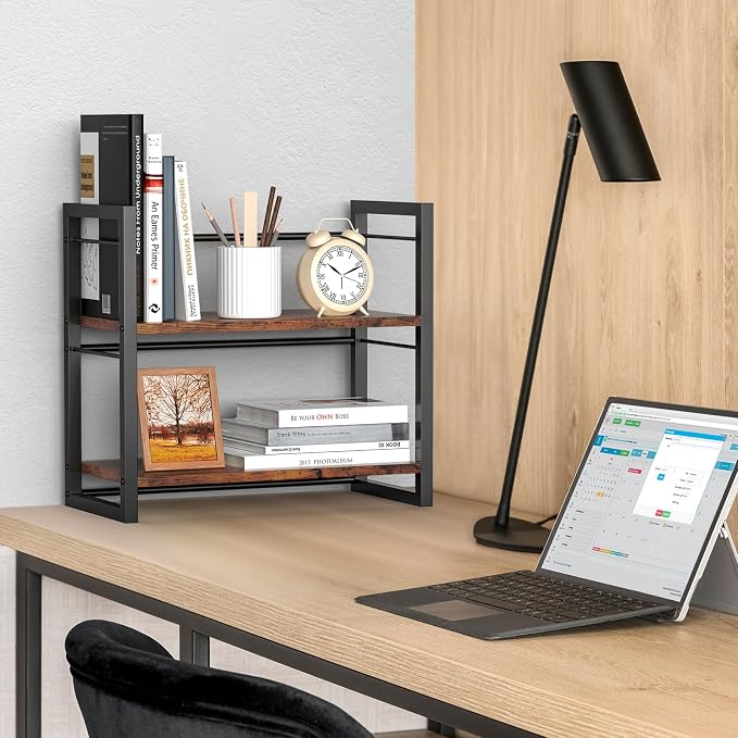 Office Desk Shelf Organizer, Wood Desktop Bookshelf Supplies Storage Rack, Shelf for Top of Desk and Dresser (Brown-2 Tier) - Image 5