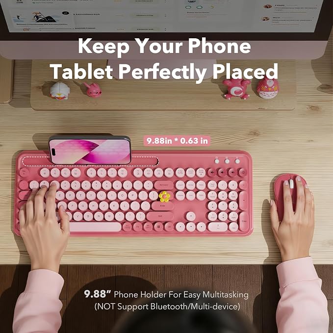 Wireless Keyboard and Mouse Combo, Rose, Round Keycaps, Phone/Tablet Holder | Full-size keyboard, typewriter-style design, 3-level DPI mouse, auto sleep, 2.4GHz for Mac Windows PC laptop, Trueque CK13 - Image 2