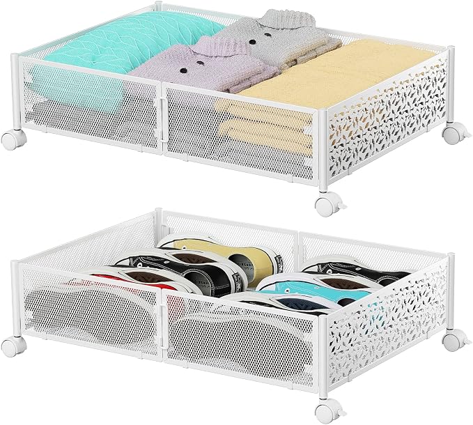 PHINOX Under Bed Storage with Wheels,Patterned,Sturdy Metal,2 Pack,White | Tool-free assembly, glide smoothly, easy reach, foldable, maxmazie low-profile beds, dorm, keep seasonal clothes, shoes fresh by PHINOX
