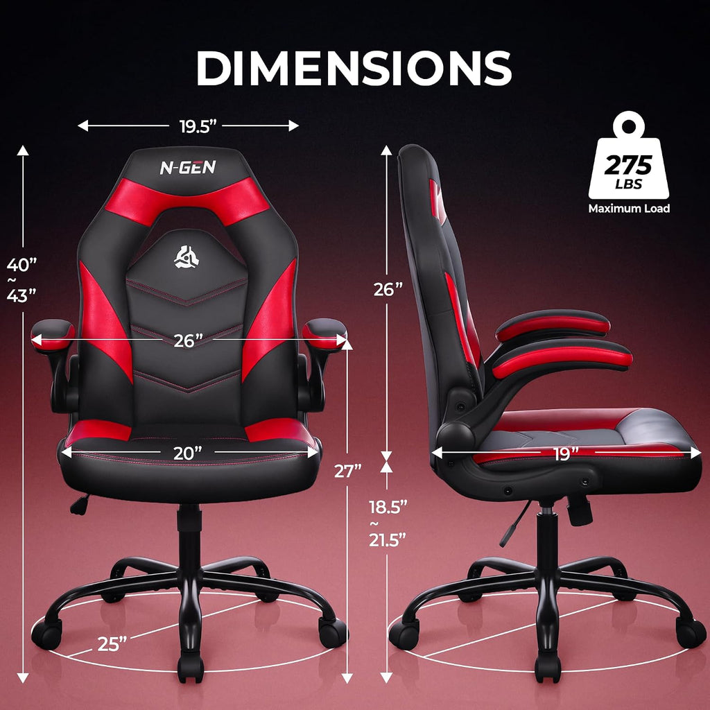 N-GEN Gaming Gaming Chair, Lumbar, PU Leather, Flip-Up Arms, Classic Red - Image 3