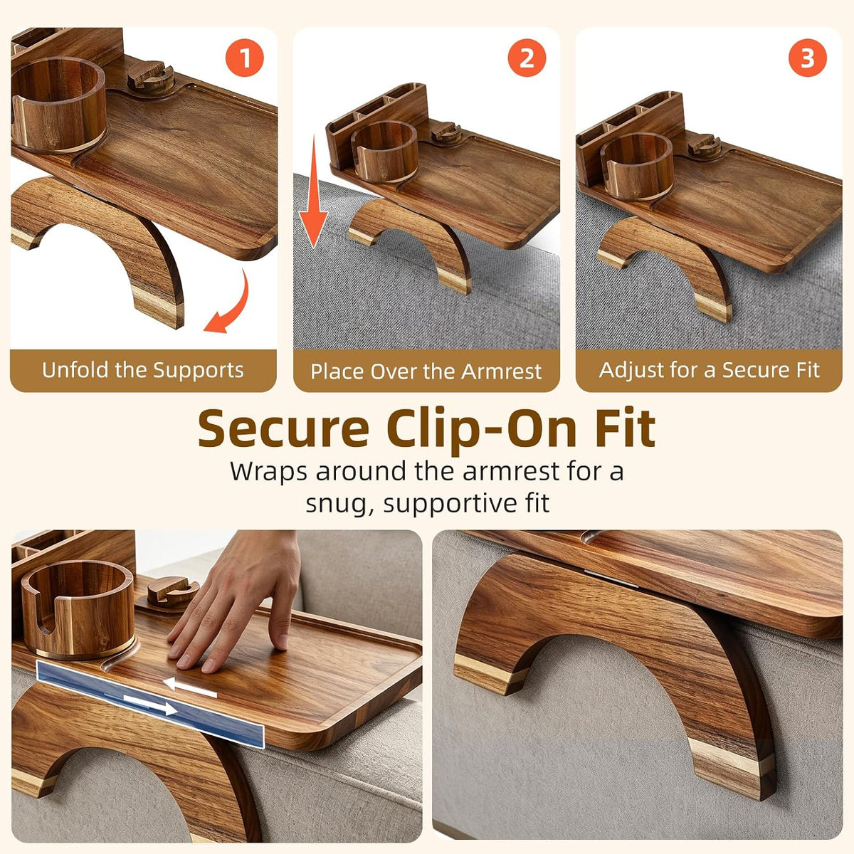 Couch Armrest Table, 4-in-1 Solid Acacia Wood Non-Slip Sofa Armrest Tray with Cup Holder, Phone Stand & Remote Control Slot for Drinks, Snacks & Remotes - Image 5