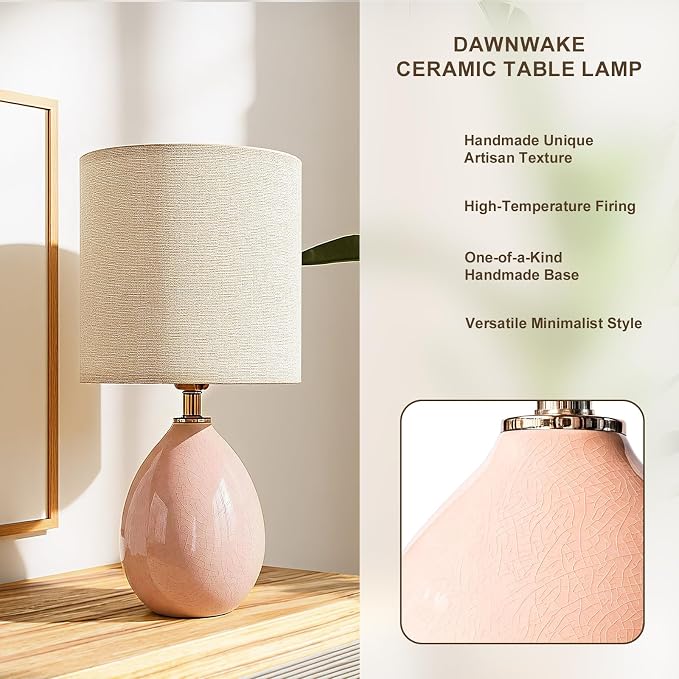 18.5" Ceramic Table Lamps Set of 2 for Living Room Bedroom, Pink | Bedside Lamps for Bedroom Nightstand, Ice Crackle Home Bedroom Living Room Decor, Linen Fabric Shade, 3-Color Temperature - Image 2