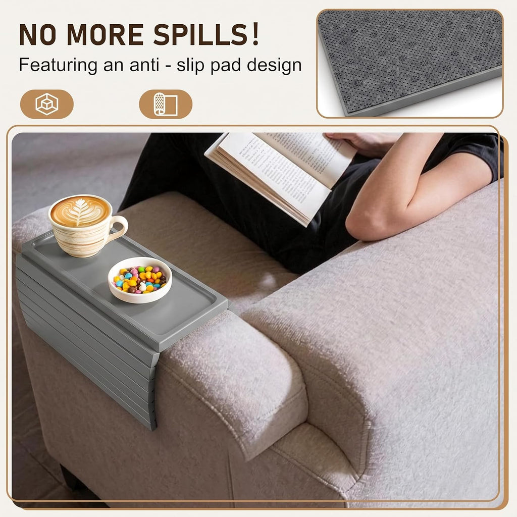 Grey Bamboo Wood Couch Armrest Table, Couch Arm Tray, Foldable Anti-Slip Bamboo Couch Tray, Sofa Cup Holder for Drink Snacks Remote Control - Image 5