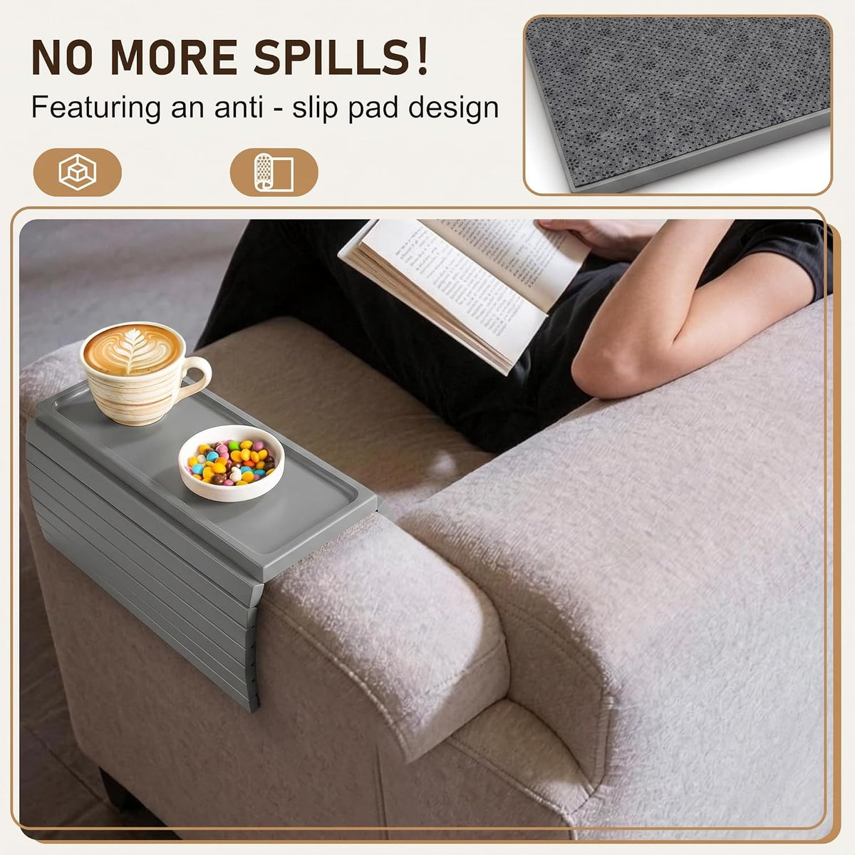 Grey Bamboo Wood Couch Armrest Table, Couch Arm Tray, Foldable Anti-Slip Bamboo Couch Tray, Sofa Cup Holder for Drink Snacks Remote Control - Image 5