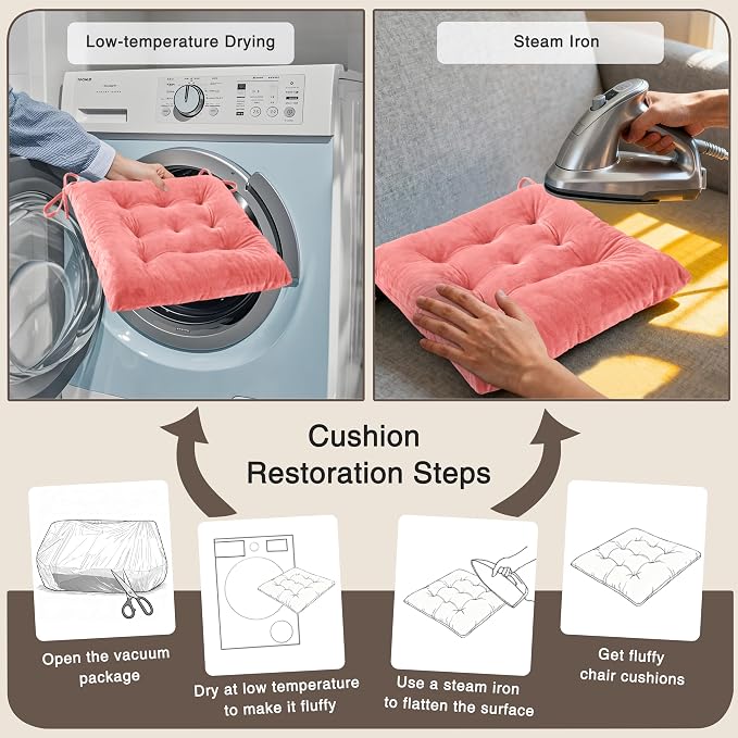 OVOV 4 Pack Chair Cushions for Dining Chairs 15.5"x15.5" Pink | Soft-Touch Velvet Fabric for Farmhouse Decor, Fit for Kitchen Dining Office Chairs, Upgrade Chair Comfort, with Durable Ties - Image 7