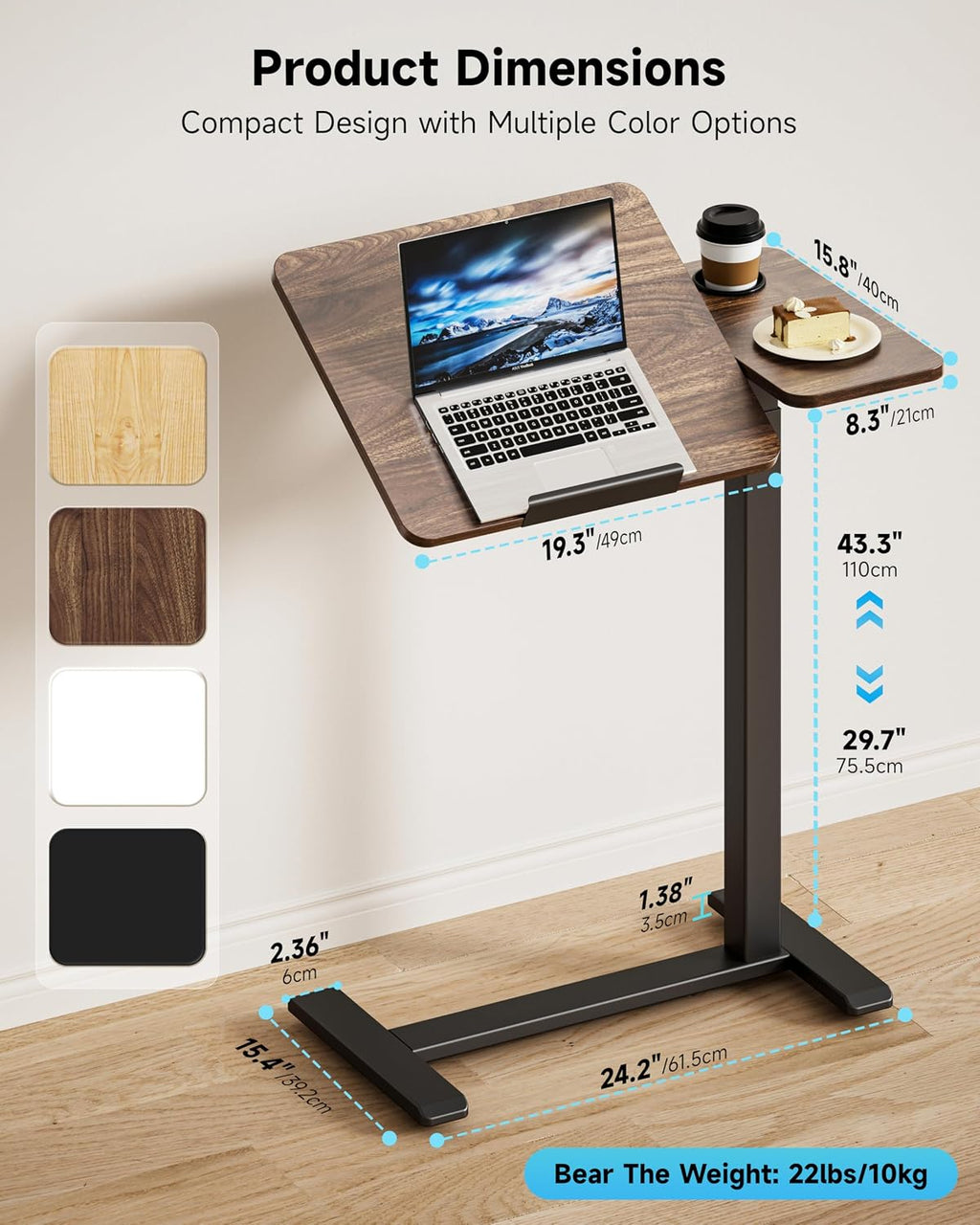 BZIUM Overbed Bedside Table with Hidden Wheels, Adjustable Medical Tilt Top Hospital Bed Table Over The Bed, Rolling Desk Mobile Standing Desk (27.6x15.8, Walnut) - Image 3