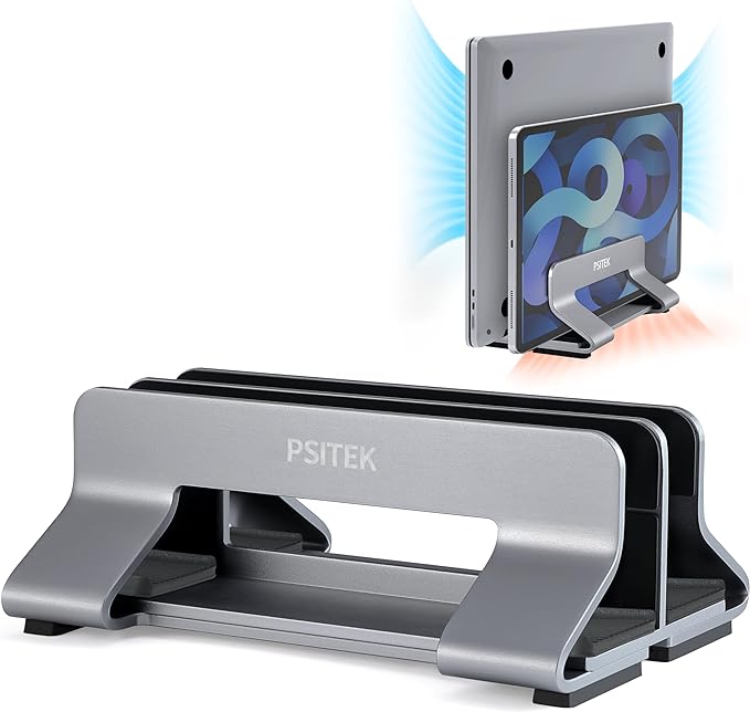 Aluminum Dual Vertical Laptop Stand Dock Holder, Supports 2 Devices, Adjustable Slot Width 15-36mm, Space-Saving Upright Storage for MacBook and Laptops by Psitek