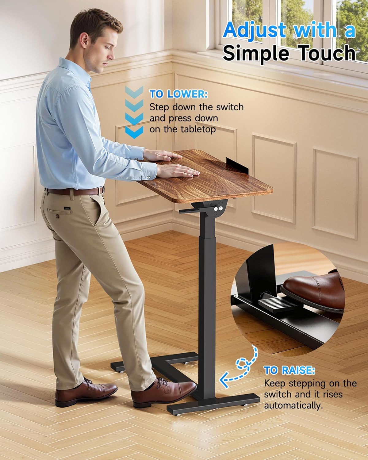 Mobile Standing Desk Laptop Desk Pneumatic with Wheels 180° Tilt Top Hospital Bed Table Portable Rolling Cart Foldable Bedside Table for Hospital&Home Use, Walnut - Image 7