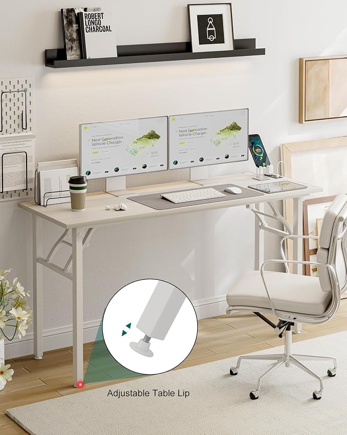 Small Folding Computer Desk – 55.1 Inch Portable Table for Craft and Study, Lightweight Desk for Small Spaces, Foldable Laptop Table Built-in AC/USB Outlets for Convenience, White Ash - Image 7