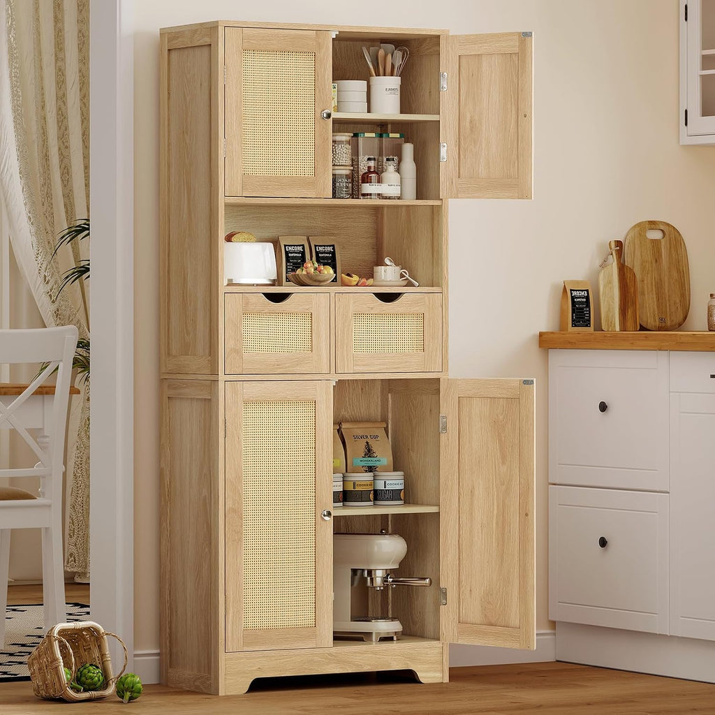 57.8" H Tall Storage Cabinet with 2 Drawers & 2 Adjustable Shelves, Rattan Cabinets with 4 Doors, Cupboard, Kitchen Cabinets, Pantry Cabinet, Tall Cabinet for Living Room, Entryway, Natural - Image 2