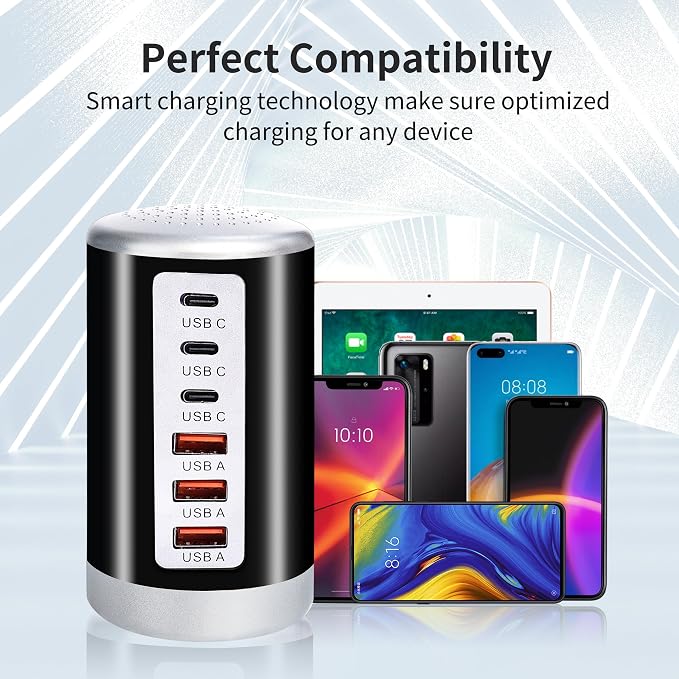 60W USB Charging Station, 6-Port (3 USB-A & 3 USB-C) Compatible with iPhone 15/14/13/12/11, Tablets, Smartphones Black - Image 4