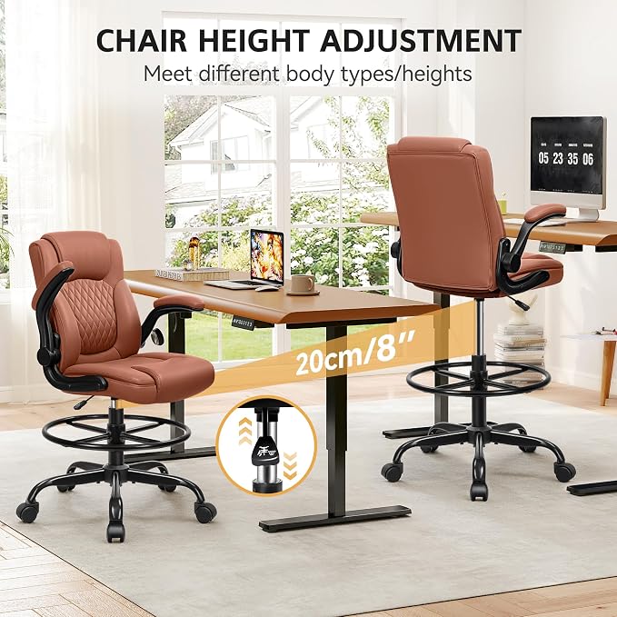 Drafting Chair, Tall Office Chair for Standing Desk, High Executive Leather Ergonomic Computer Chair with Adjustable Height and Flip-Up Armrest for Counter Height Desk, Brown, Pack of 1 - Image 5