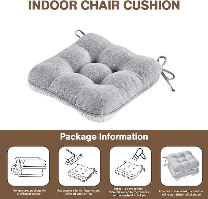 BETU Chair Cushions for Dining Chairs Set of 6,3.5" Thick Kitchen Table Chair Pads with Ties,Non Slip Backing and Covers, Seat Cushion for Dining Room,Bar,Patio Chairs,15.5"X15.5"X3.5",Light Grey - Image 9