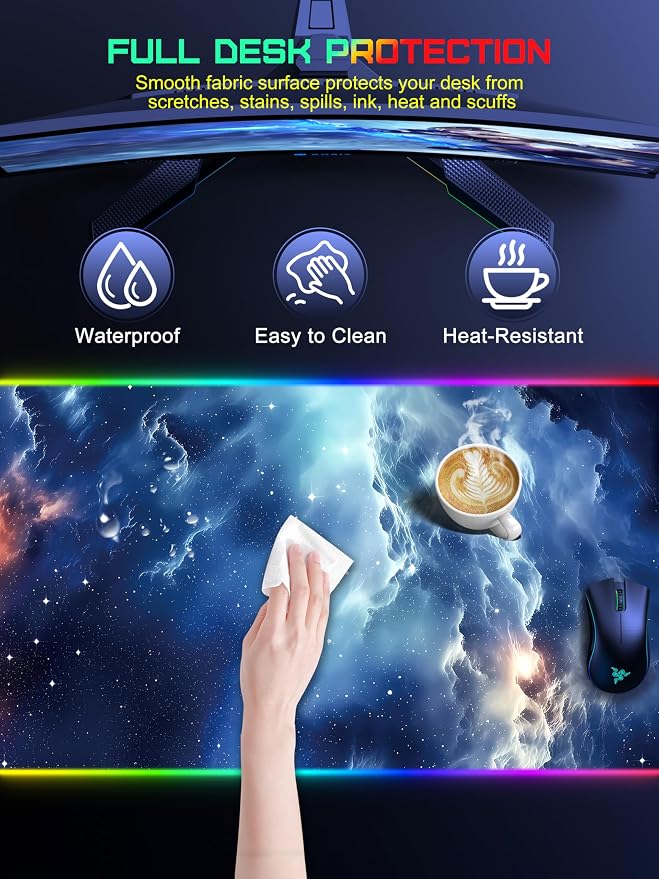 Wireless Charging Mouse Pad, RGB Gaming Mousepad Home Office Desk Pad, 31.5” x 15.8” XXL Large Desk Mat, Waterproof Keyboard Pad, Blue Nebula(Includes 20W PD Power Adapter & 6.56ft Woven Cable) - Image 7