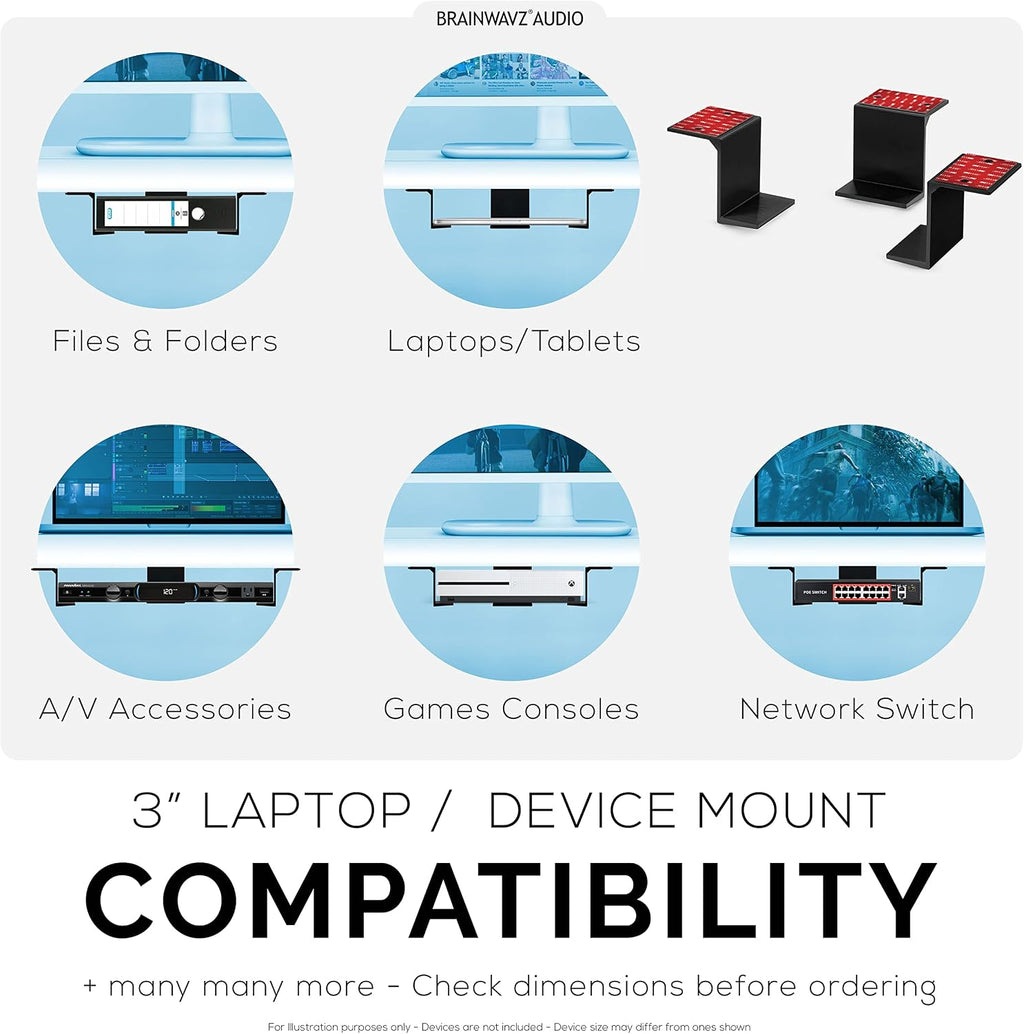 BRAINWAVZ 3” Under Desk Laptop & Device Holder Mount, Adhesive & Screw in, Devices Upto 3" - Small Computers Laptops MacBook Surface Keyboard Routers Modems Cable Box Network Switch & More (Black) - Image 7