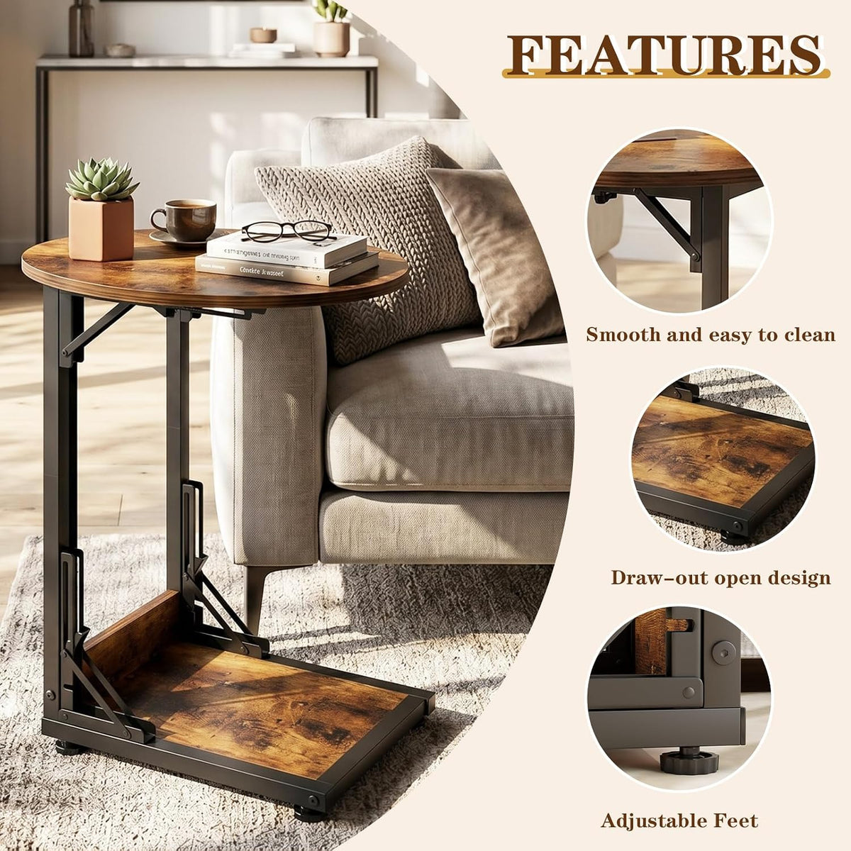 C Shaped Side Table, Folding End Table with Metal Frame, Foldable Table for Eating, Couch Sofa Table,Slide Under TV Tray Table for Living Room, Bedroom, Small Spaces (Brown) - Image 4