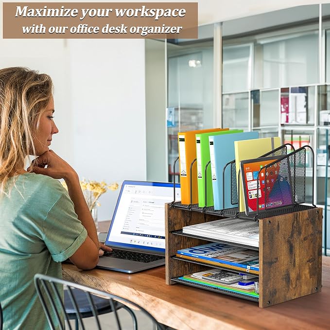 4-Tier Desk Organizer, Desk File Organizer with 5 Vertical File Holders, Office Desktop Organizer with 3 Level Paper Organizer Letter Tray, Wooden Desk Organizers and Accessories for Home Office - Image 7