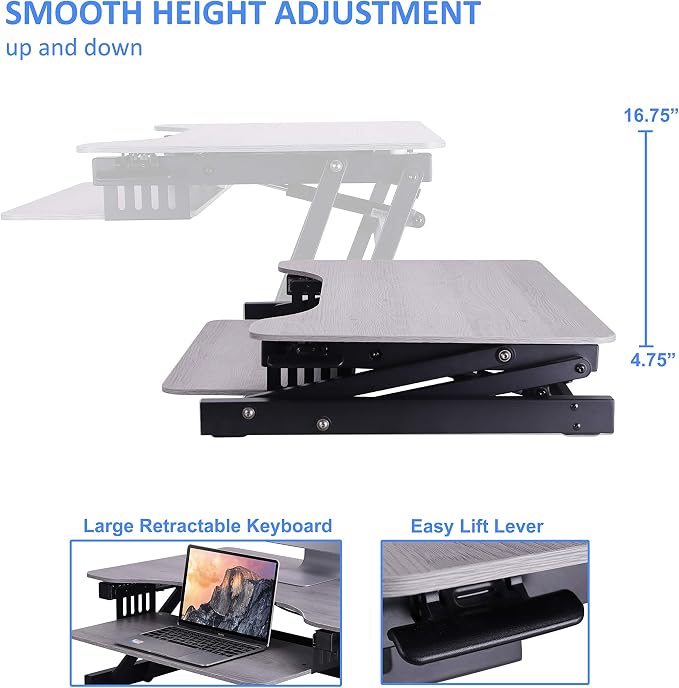 Rocelco 32" Height Adjustable Standing Desk Converter - Quick Sit Stand Up Dual Monitor Riser - Gas Spring Assist Tabletop Computer Workstation - Large Retractable Keyboard Tray - Grey (R ADRG) - Image 2