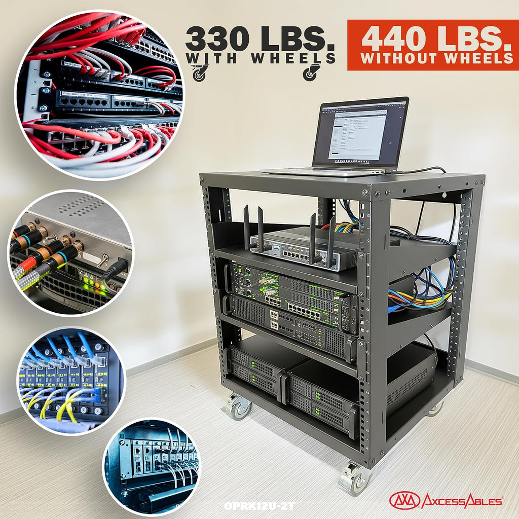 AxcessAbles 12U Open Frame Network Rack with Locking Caster Wheels - 440lb Capacity, 18" Depth | 19-Inch Open Server Rack, Two 2U Shelves, 10-32 Screws & Cage Nut Rails, Cage Nut Tool & Wall Kit - Image 3