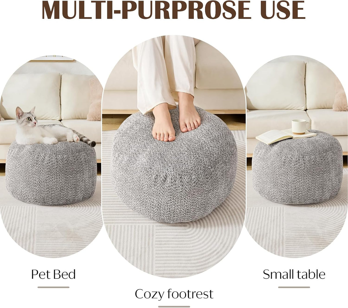 SHOUREN Stuffed Round Ottoman,Pouf Ottoman Foot Rest,18 X 14,Light Brown - Image 5