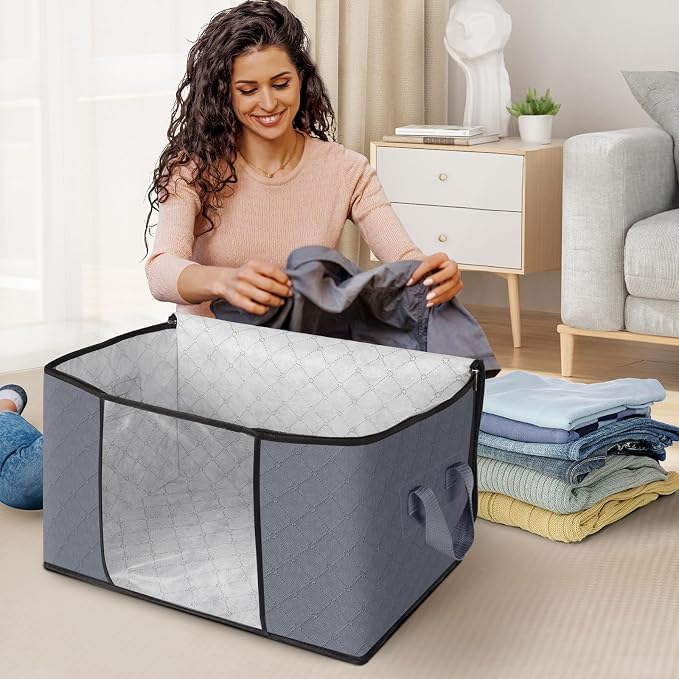 Fab totes 6 Pack Storage Bags for Clothes Blanket Storage Bins with Lids | Foldable Closet Organizers with Zippers,Window and Handles,Fabric Storage Bins for Sweater,Comforter,Bedding,Dorm essentials - Image 3