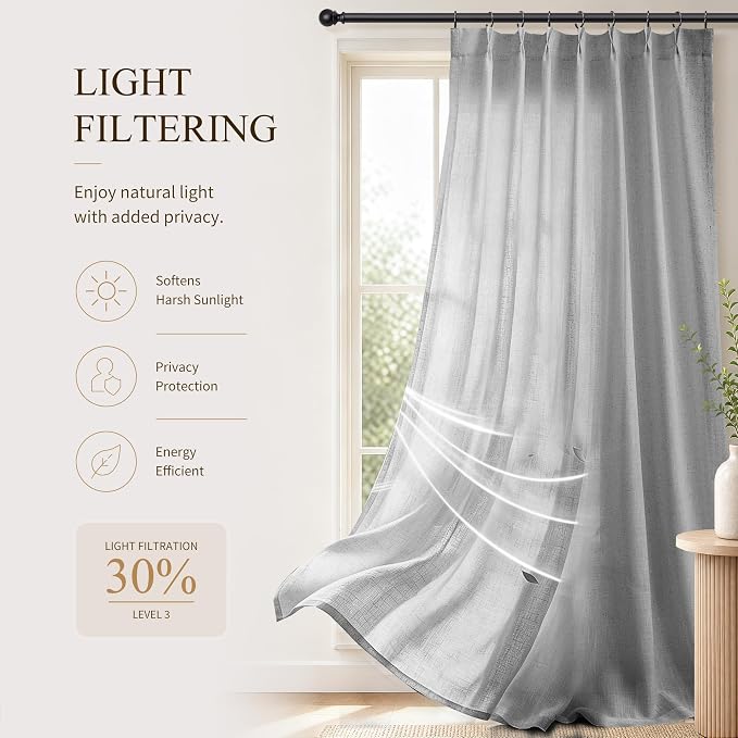 Hokibero Grey Pinch Pleated Linen Curtains 84 Inch Long for Living Room | Gray Light Filtering Semi Sheer Curtain,Back Tab Hooks Rings,Farmhouse Textured Privacy Drapes for Bedroom Window,2 Panels - Image 6
