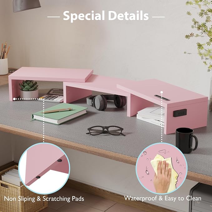 BONTEC Dual Monitor Stand Riser, Adjustable Length & Swivel Angle, Pink | Ergonomic Wooden Desktop Organizer with Smartphone Holder, Computer Monitor Stand for PC, Laptop, Printer and Large Storage - Image 7